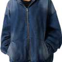 Women's Zip Up Denim Hoodie Sweatshirt Jean Jacket Coats with Pockets (Blue, M)
