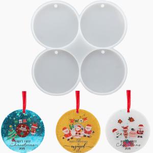 FYJS 4-Cavity Christmas Ornaments Resin Molds with Hole, Round Silicone Coaster Molds for Epoxy Resin, Christmas Tree Decorations