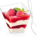 Zezzxu 4 oz Slanted Irregular Dessert Cups with Spoons, 50 Pack Mini Appetizer Cups Small Plastic Party Serving Cups for Ice Creams Mousses Puddings Parfaits Triffles