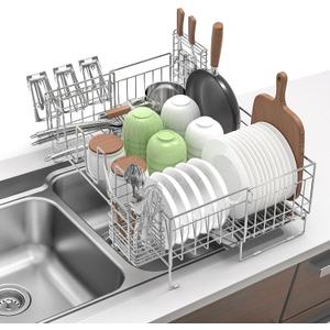 Large Dish Drying Rack - Rust Resistant Dish Rack,Expandable Kitchen Counter,Drainage Board with Sloped Design,Removable Cutlery Holder,Cup Knife Holder,Easy-to-Clean Full Hollow Design-Silver-L