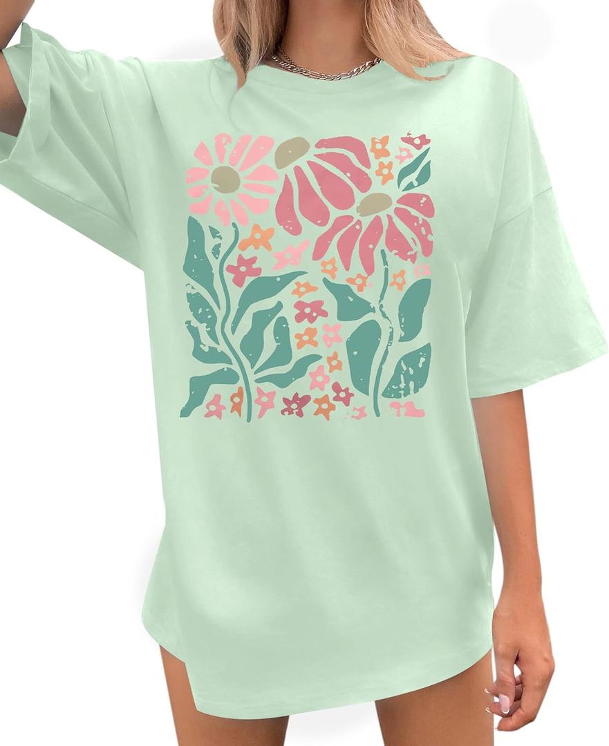 Boho Oversized Shirt Women Vintage Floral Shirts Daisy Flower Tshirt Wildflower Graphic Tees Casual Loose Tops (Green, S)