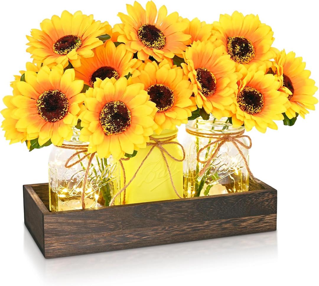 BLEUM CADE Centerpiece Table Decorations - 3Pcs Sunflowers Artificial Flowers in Mason Jars with Wood Tray for Dining Table Coffee Table Farmhouse Home Decor