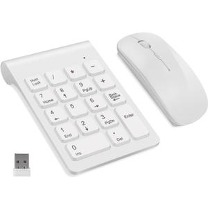 TRELC Wireless Numeric Keypad, Mini 2.4G 18 Keys Number Pad, Portable Silent Financial Accounting Numeric Keypad Keyboard Extensions with Wireless Mouse for Laptop, PC, Desktop, Notebook (White)