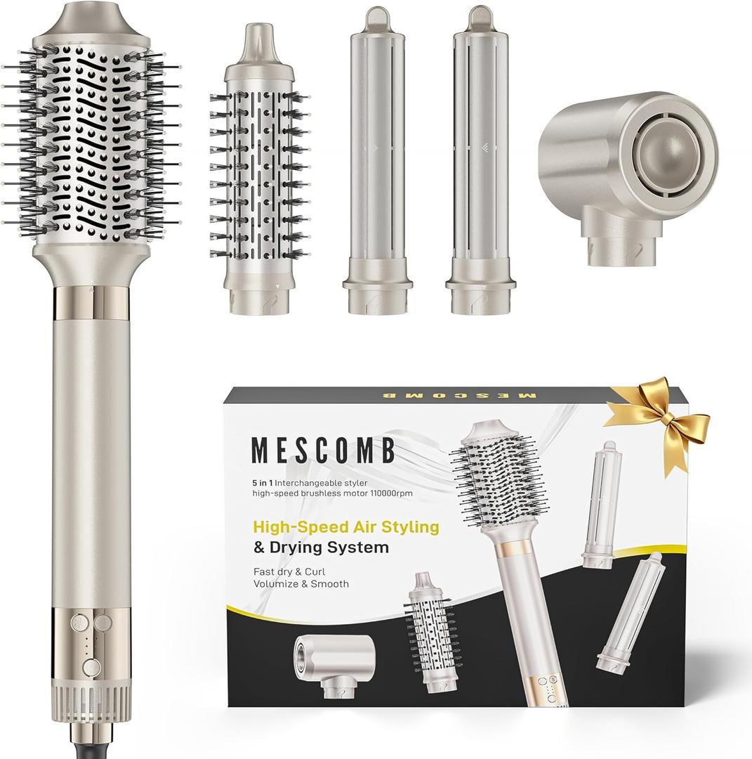 MESCOMB 5-in-1 Hot Air Styler Kit – 110, 000 RPM Fast-Drying Dryer, Auto-Wrap Curlers, Straightening & Volumizing Brushes All-in-One (Champagne White)