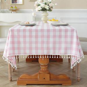 Laolitou Spring Pink Checkered Tablecloth Rectangle Washable Buffalo Plaid Table Cloth with Tassel Cotton Linen Gingham Table Cover for Dining Room, Pink, Rectangle, 55''x120'', 10-12 Seats