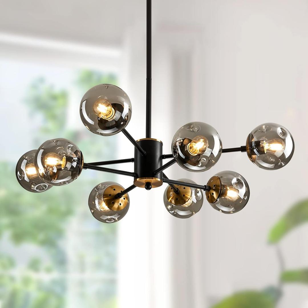 8 Light Chandelier Pendant Lighting Black with Glass Globes Classic Vintage Sputnik Ceiling Light Fixture for Kitchen Living Room Dining Room Bedroom Farmhouse..
