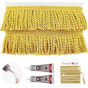 Gold Bullion Fringe Trim, 6 Yards X 2.2 Inch Fringe with B7000 Glue, Tassels Trim for Crafts Sewing by The Yard for Clothing Curtain Sofa