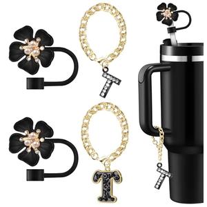 Straw Covers for Stanley Cup Accessories: Black Decorations for Stanley 30 oz & 40 oz Tumbler with Handle, Bling Letter Charms and Flower Silicone Straw Cap Topper, Trendy Stuff for Teen Girls & Women,Set of 2