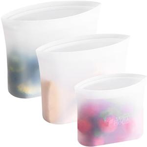 Reusable 100% Silicone Food Storage Bags, Sandwich Snack Bags New Generation Stand Up Zip Container for Soup and Leftovers, Plastice & BPA Free, Microwave Oven Safe 3 Pack (51oz, 34oz, 17oz)