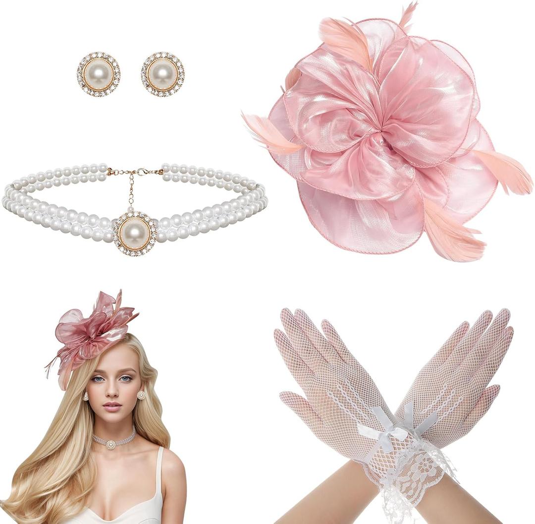 Heliltd 4Pcs Tea Party Fascinator Hat for Women Flower Fascinators for Women Feather Hat Lace Glove Pearl Jewelry Set (Pink)