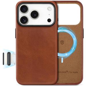 SHIELDON Genuine Leather Case for iPhone 17 Pro 6.3" 2025, [Camera Button Updated], Compatible with Magsafe, Magnetic Wireless Charging, Anti-Scratch, Shockproof Protective Cover - Retro Brown