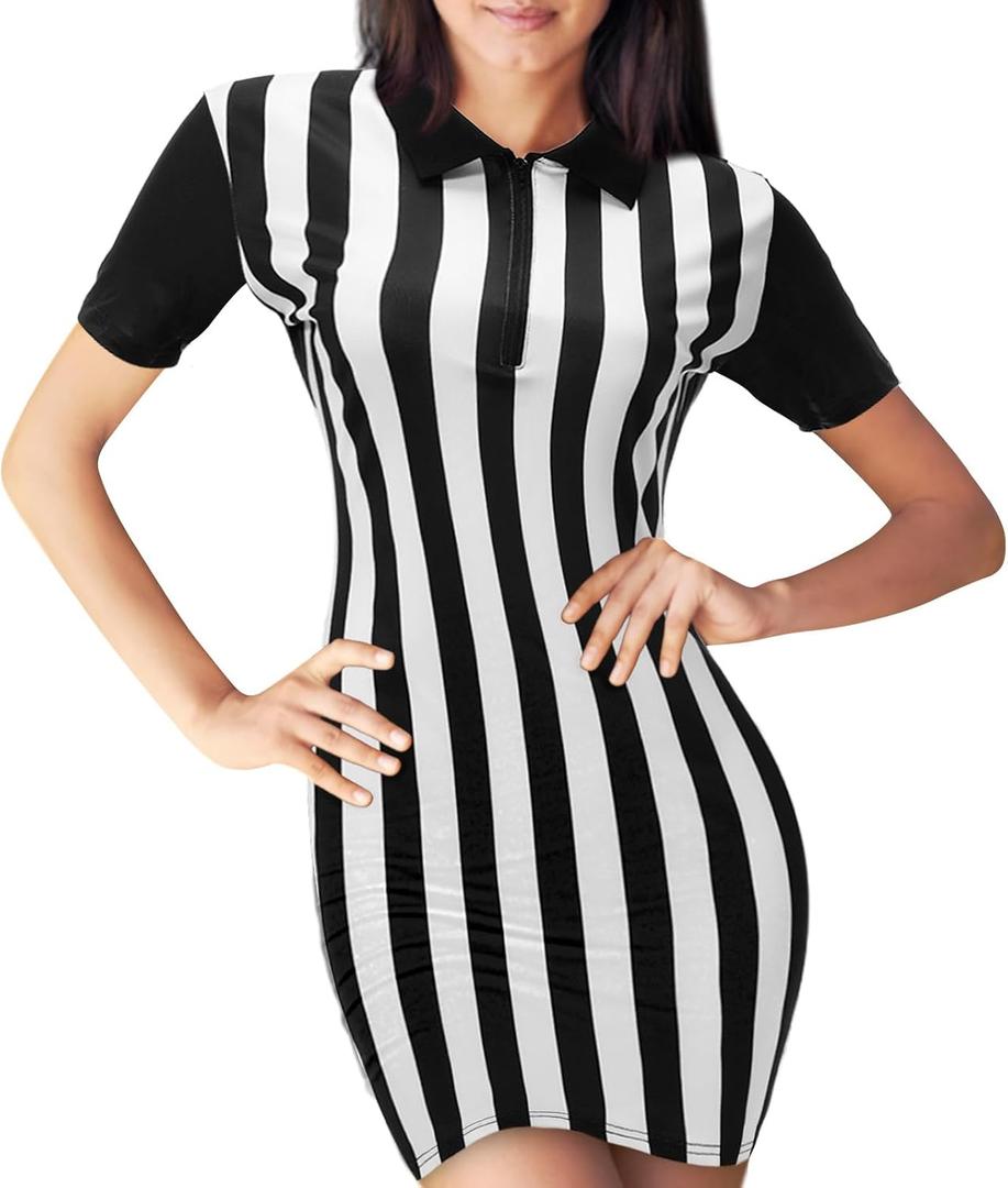 Skicuff Women's Referee Shirt Dress Official Ref Umpire Jersey for Basketball Football Halloween Costume Waitresses Uniform, Medium