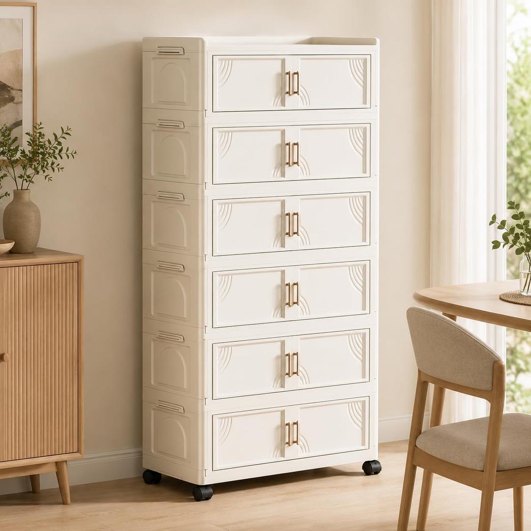 6-Tier Foldable Storage Cabinet with Doors and Locking Wheels
Tall white PP cabinet, 30 lb per tier; magnetic double doors, raised top tray, snap-fit tiers, and 360° locking wheels