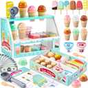 WHOHOLL Wooden Ice Cream Counter Playset for Toddler Girl Toys, Play Store Pretend Toy Food Play Kitchen Accessories with Fake Money & Coin, Christmas Birthday Gifts for 3+ Year Old Kids (Green)