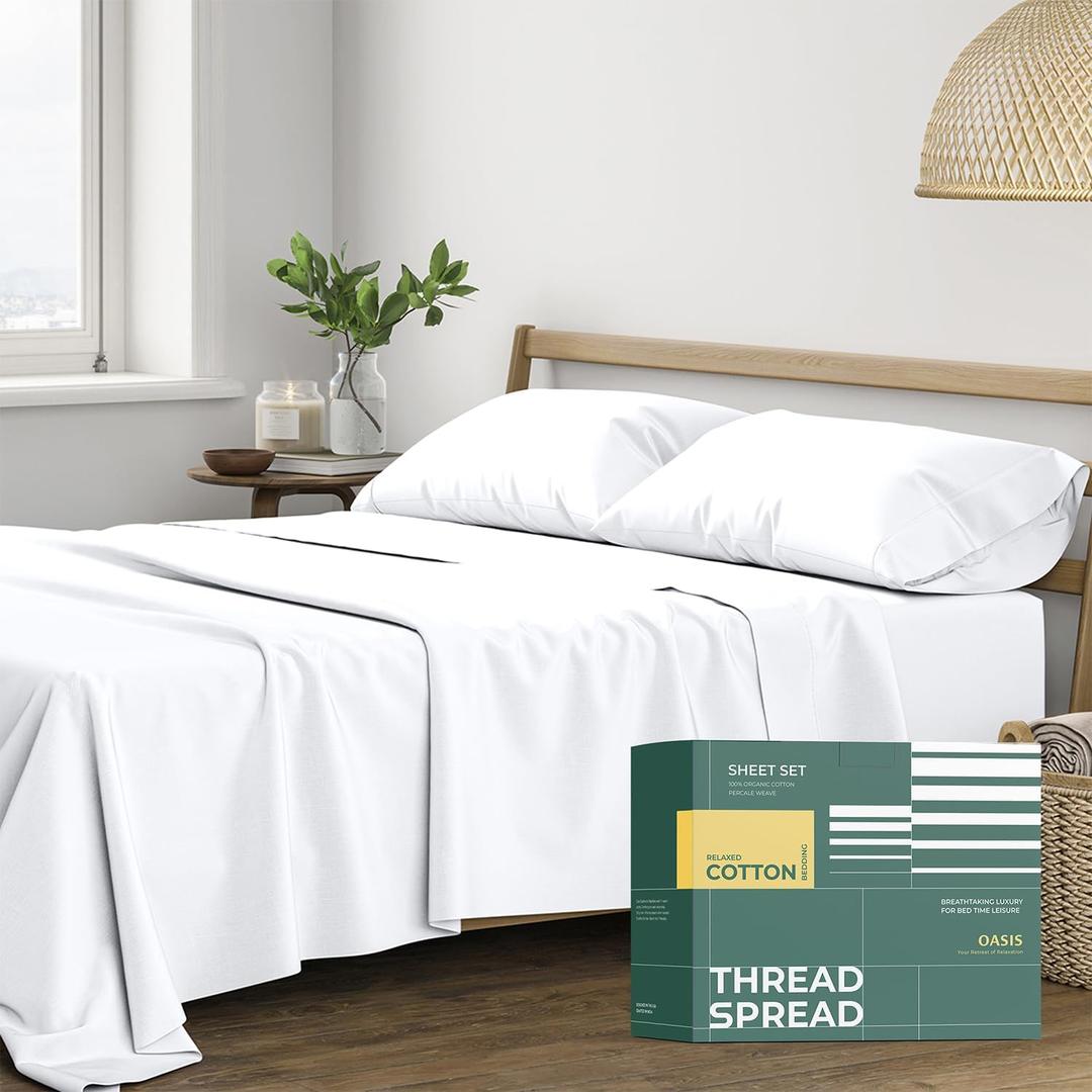 THREAD SPREAD 100% Organic Cotton Sheets King Size - 4 PC Organic Cotton King Size Percale Weave Sheet Set, Soft, Cooling, Crisp & Breathable, 16" Deep Pocket Hotel Quality Bedding Set - White