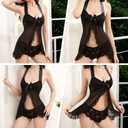 Sexy Lingerie for Women Open Front Babydoll Sleepwear Dress Lace Chemise Mesh Nightgown with Thong (Black)