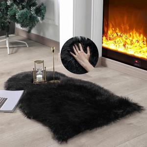 Faux Fur Rug Sheepskin Shag Fluffy Fuzzy Black 2x3 ft Small Rugs for Bedroom Bedside Bed Floor Living Room Plush High-Density Cushion Carpet Super Sofa Cover