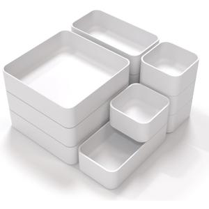 CHANCETSUI 11-Piece Stackable Drawer Organizer Set, Multi-size Desk Drawer Organizer Trays Vanity Storage Bins for Storing Makeup, Stationery, Utensils in Bathroom Dresser, Office and Kitchen (White)