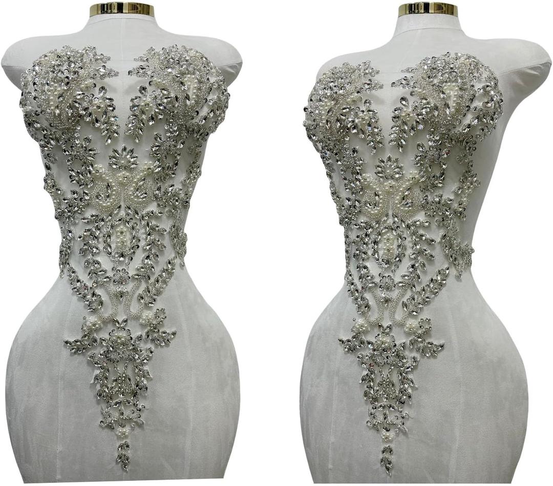 Handmade Rhinestones Lace Bodice Applique Sew on Beads Sequins Trimming Patches for Dress Clothing Accessories 1Pcs/Bag (Silver)