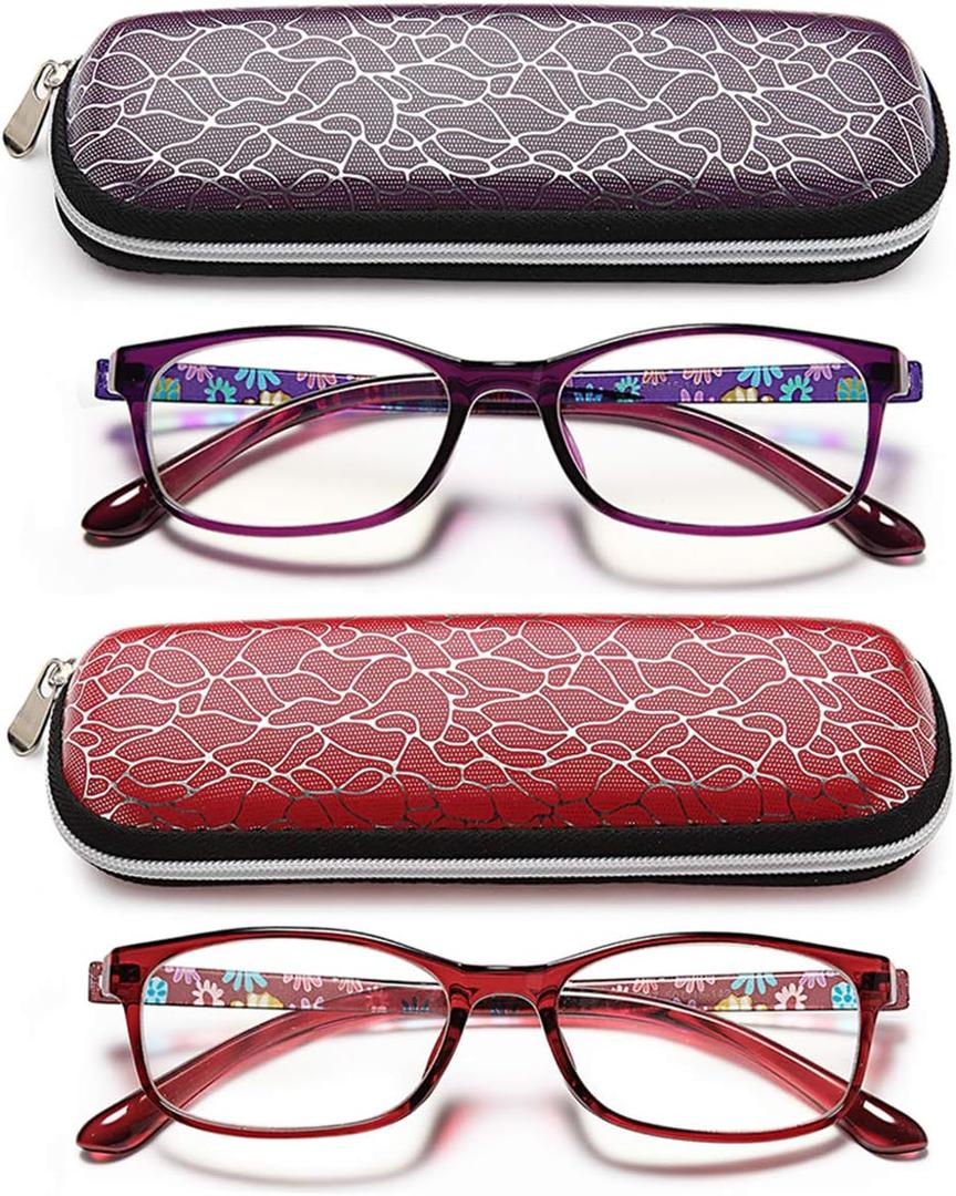 EYEURL Blue Light Blocking Readers for Women - 2 Pair Ladies Computer Reading Glasses +0.5 Stylish Rectangular Frames Blue Ray Eyeglasses (Purple+red)