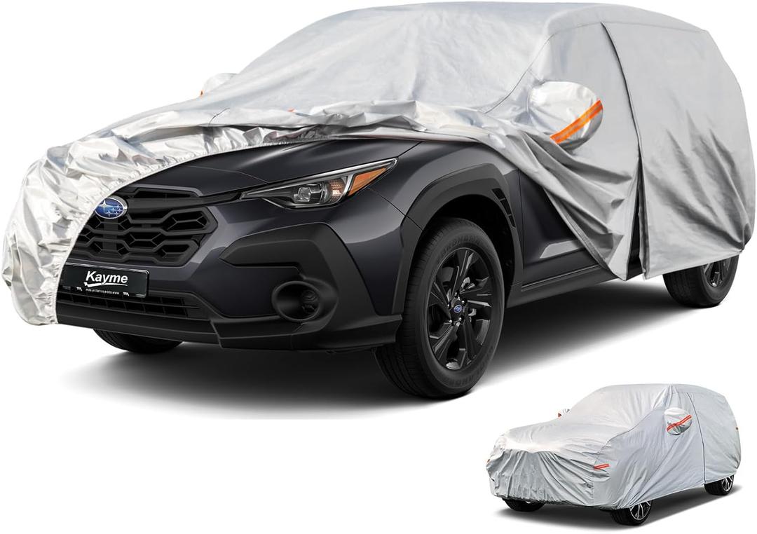 Kayme 6 Layers SUV Car Cover Waterproof All Weather, Outdoor Full SUV Cover Rain Sun UV Protection, Universal Fit for Subaru Crosstrek, Jeep Liberty Compass, Kia Soul Sportage (Up to 181 inch) (Aluminum-Silver)