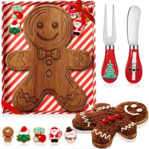 1 Set Gingerbread Man Cheese Board Mini Wood Cheese Board with Knives Forks and Decorative Toys Gift Set for Xmas Party Kitchen Decoration (Gingerbread Man, Acacia Color)