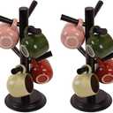 Mug Tree Set of 2 | 13.5"x7"x7", 6 Hooks Cup Holder with Thick Rubberwood Base, Wooden Coffee Mug Holder Stand for Countertop, Kitchen Table, Cup Organizer Rack for Mugs or Utensils (Black)