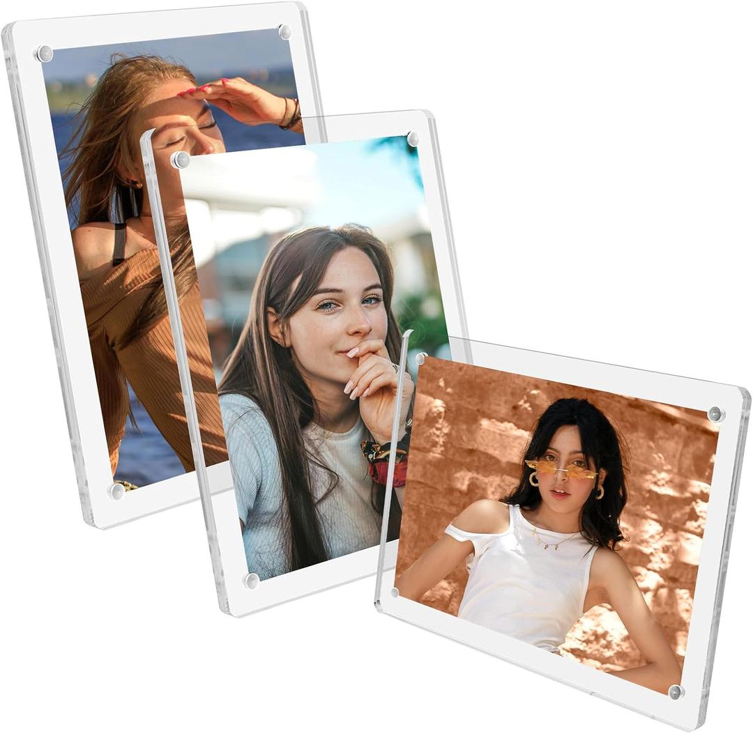 Acrylic Picture Frames 5x7 Inch Set of 3, Tabletop and Refrigerator Display Vertical and Horizontal Clear Magnetic Photo Frames with Detachable Stand for Gift, Home/Refrigerator Dcor