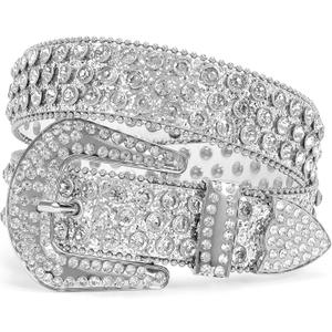 XZQTIVE Cowgirl Bling Studded Leather Belts for Jeans Pants with Rhinestone and Western Silver Buckle, Unisex (Fit waist 33-37 inch)