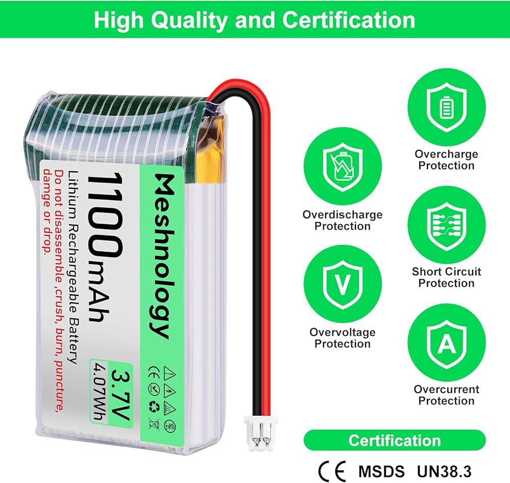 Meshnology 4PCS 3.7V 1100mAh Li Battery with USB Charger Cable 102540 1S LiPo Battery with Protection Board Insulated Rubber Tape and Micro JST 1.25 Plug for Arduino ESP32 Module Board Drone RC Car