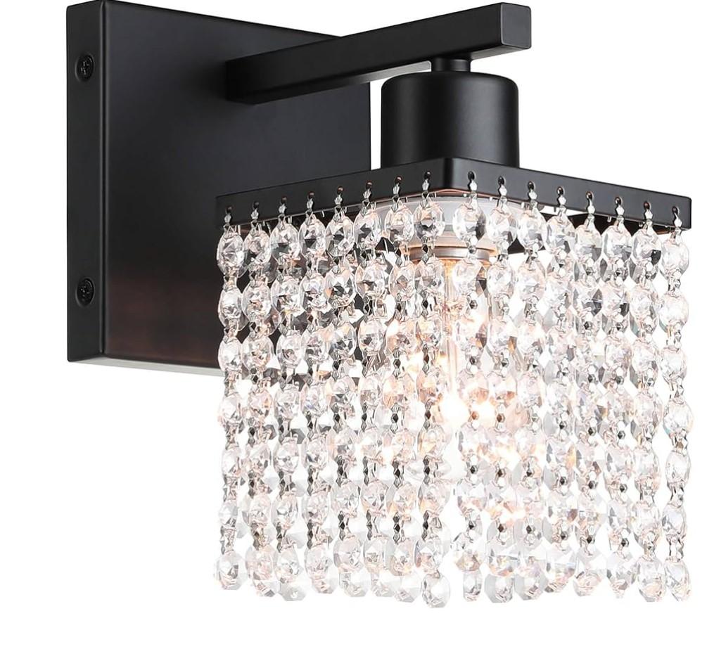 XiNBEi Lighting Crystal Wall Sconce, Modern Bathroom Sconce Light with K9 Clear Crystal Strands Shade Single Black Sconces Wall Lighting for Bath Bedroom Living Room XB-W327-1-MB