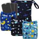 babygoal Reusable Charcoal Cloth Diapers with Double Gussets, 3 Pack Washable Baby Pocket Diapers with 3pcs Charcoal Inserts and Wet Dry Bag(Space,Moon,Star,Rocket)