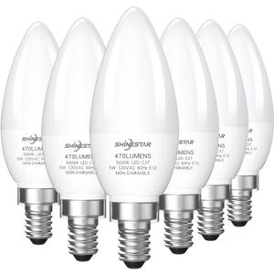 SHINESTAR E12 LED Candelabra Light Bulbs 40 Watt Equivalent, 5000K Daylight White 470 Lumen Chandelier Bulb, 6W B11 Candle Small Base Ceiling Fan Light Bulbs, Non-Dimmable, Pack of 6