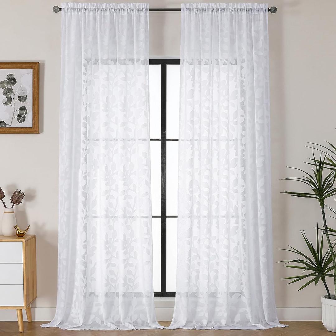 OVZME White Sheer Curtains 108 inches Long 2 Panels for Living Room, Jacquard Clip Leaf Pattern Textured Light Filtering Window Semi Sheer Voile Drapes for Bedroom, Each Panel 52 x 108 Inch