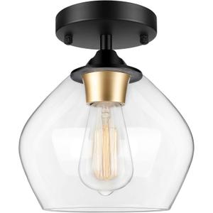 Modern Semi Flush Mount Ceiling Light with Clear Glass Shade, Industrial Close to Ceiling Light, Black Hanging Ceiling Light Fixture for Hallway, Bedroom, Dining Room, Entryway, Foyer