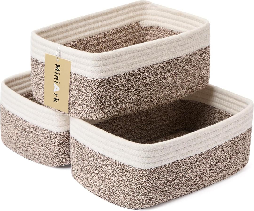 MiniArk Small Storage Baskets for Organizing | Closet Organizer Bins | Shelf Toy Basket | Woven Rope Baskets | Cube Decorative Box | Shallow Basket | 11.5x7.5x4.7” | 3 Packs White Brown