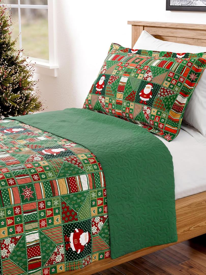 Quilt Set Full/Queen Size - Christmas Quilts - 3 Piece Lightweight Comforter Set with 2 Pillow Shams - Soft Coverlet Blanket for All Seasons - 
Xmas Festive Holiday Bedspread - Santa’s Gift
 - Christmas Trees, 98 x 90