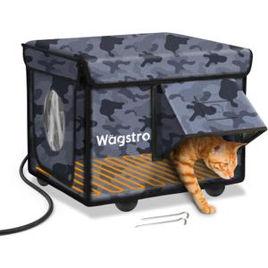 Heated Cat House for Outside, Waterproof Awning & Escape Door Heated Cat Houses for Indoor/Outdoor Cats in Winter, Elevated & Insulated Outdoor Cat Shelter for Feral Cat(Black Camo, 16.5"x12.6"x13")