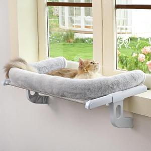 Zoratoo Cat Window Sill Perch with Large Bolster, Easy to Adjust & Assemble Cat Window Seat for Windowsill & Bedside, Pet Hammock Bed for Large Cats and Kittens (Grey, L)
