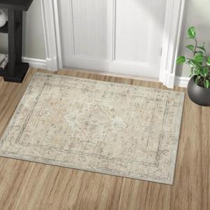 LIVEBOX Washable Rug 2x3 Kitchen Mats for Floor Entryway, Non Slip Front Door Mat for Bathroom Hallway, Boho Low-Pile Small Carpet Farmhouse Throw Indoor Rugs for Bath Sink, Tan (2'x3', Tan)