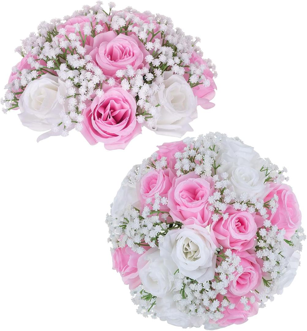 BLOSMON Fake Flowers Ball Centerpieces: 2 Pcs Pink Rose Babys Breath Artificial Flowers Wedding Decoration for Table Silk Kissing Floral Bouquet Arrangements for Home Party DIY Decor (Pink & White)