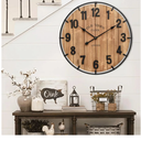 Large Old Town Farmhouse Wall Clock 24 Inch Rustic Antique Wood with Metal Circle and Large Numerals Silent Battery Operated Wall Clock for Office Kitchen Bedroom Living Room