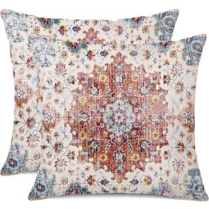 Outdoor Waterproof Pillow Covers - 18 X 18 Inch Set of 2 Blue Orange Bohemian Vintage Carpet Pattern Decorative Farmhouse Pillow Covers for Couch Garden Balcony