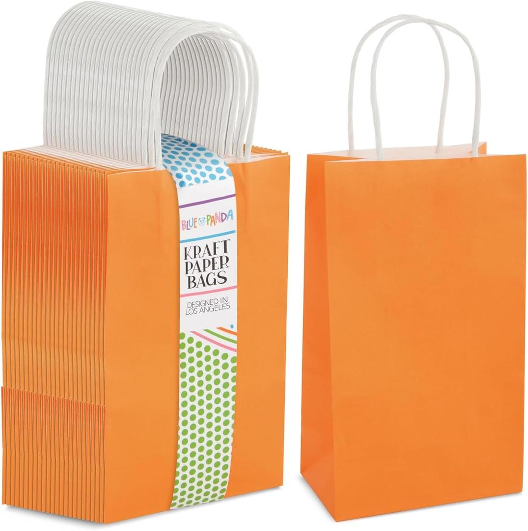 BLUE PANDA 25-Pack Orange Gift Bags with Handles - Small Paper Treat Bags for Birthday, Wedding, Retail (5.3x3.2x9 In)