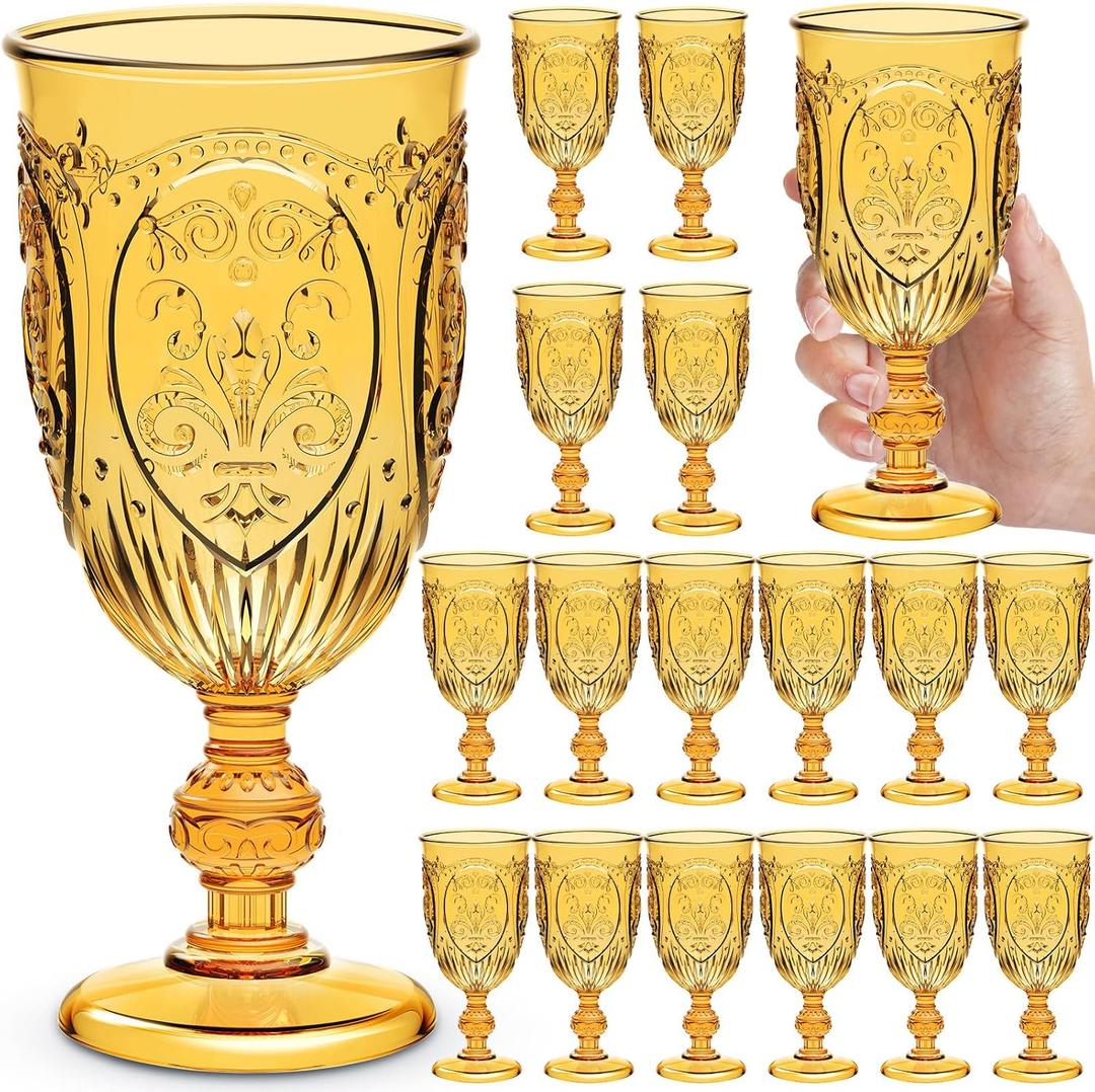 18 Pack Plastic Goblets 10oz Upgrade Vintage Water Goblet Plastic Glasses Colored Retro Embossed Glassware for Party Bar Juice Baby Shower Wedding Reception Grand (Amber)