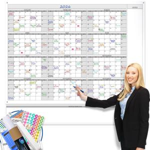 Jumbo Dry Erase Yearly Whiteboard Wall Calendar, 46" x 63", Huge 12 Month Laminated Erasable White Board, Giant Annual Family Schedule Planner, Large Undated Reusable Year Poster
