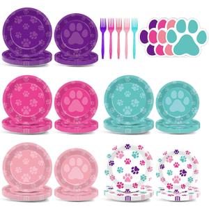 100Pcs Teal Blue Pink Purple Birthday Party Supplies Dog Paw Paper Plates and Napkins Paw Print Party Decorations Disposable Puppy Themed Tableware Set for Boy Girls Birthday Baby Shower Serves 25