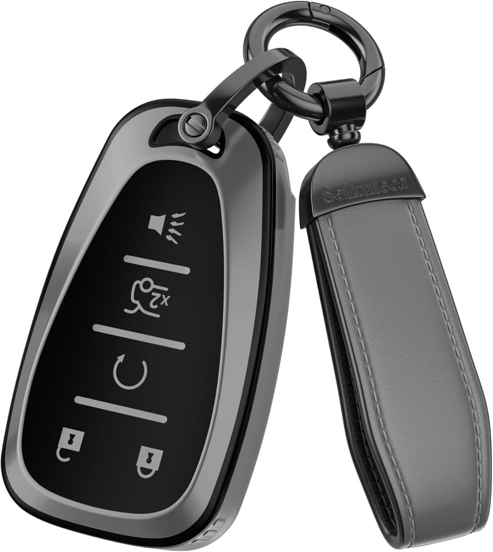 For Chevy Key Fob Cover Accessories- Matte TPU Key Fob Cover with Leather Keychain for Equinox Malibu Camaro Cruze Blazer Traverse Trax and More. (Matte Gray, 5-Buttons)