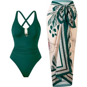 One Piece Swimsuit Women with Cover Up Set Retro Bathing Suit for Women Tummy Control Beach Wrap Skirt (Medium, Green)