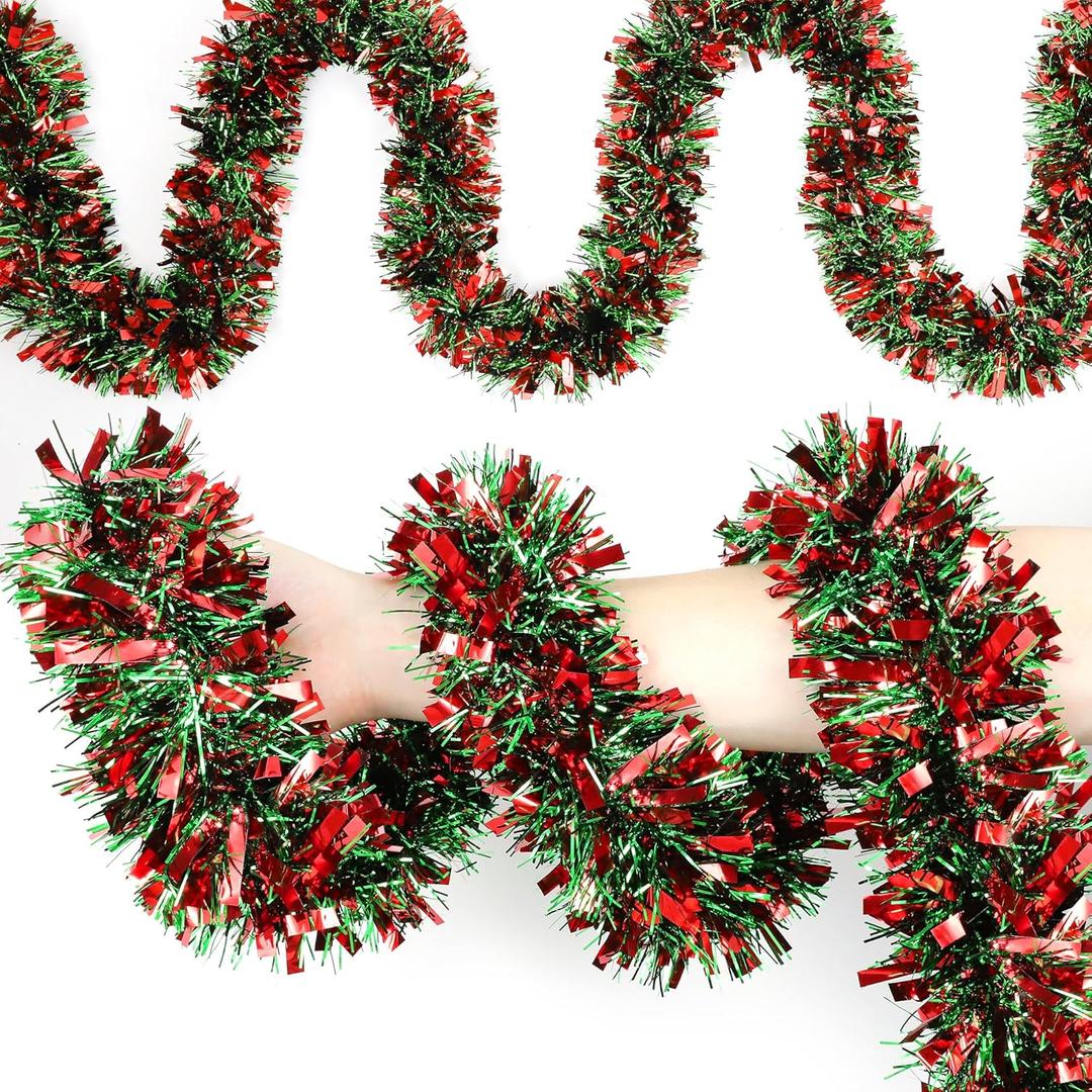 50Ft Red Green Christmas Tinsel Garland Xmas Tree Decorations Metallic Glitter Tinsel Twist Hanging Garland for Indoor Outdoor Christmas Holiday Party Decor
